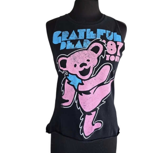Grateful Dead Tops - Grateful Dead Custom Cut Cropped Black Tank Top with Pink and Blue Bear M?
